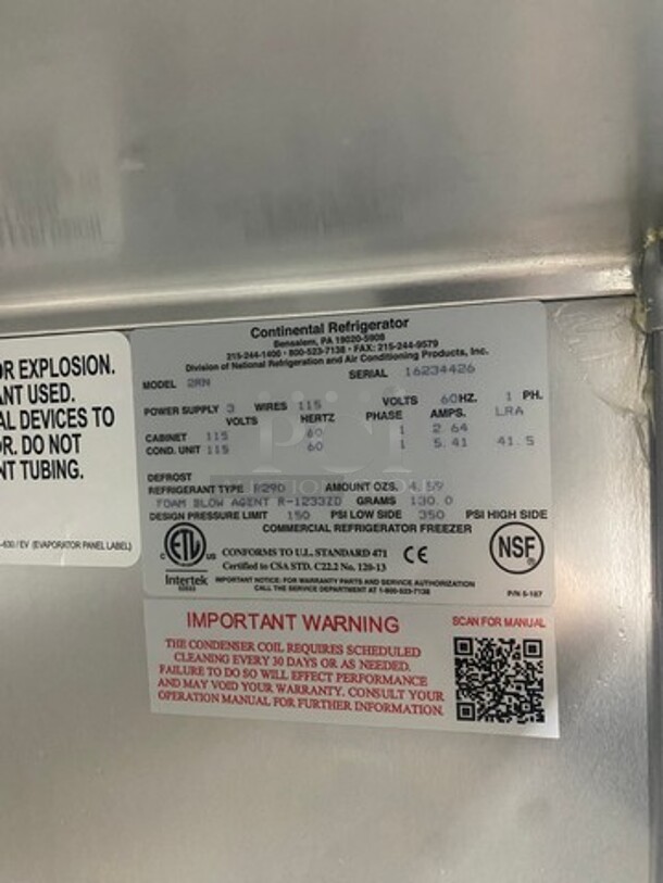 AMAZING! BRAND NEW! Continental Commercial 2 Door Reach In Refrigerator! With Poly Coated Racks! All Stainless Steel! Model: 2RN SN: 16234426 115V 60HZ 1 Phase - Image 7 of 12