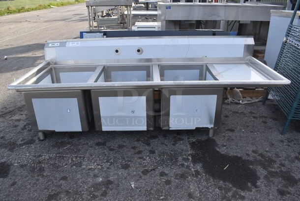 BRAND NEW SCRATCH AND DENT! Regency 600S3182418 RT Stainless Steel Commercial 16-Gauge 3 Bay Sink w/ Right Side Drain Board. Does Not Have Legs. Bays 18x24x14. Drain Board 16x25x1