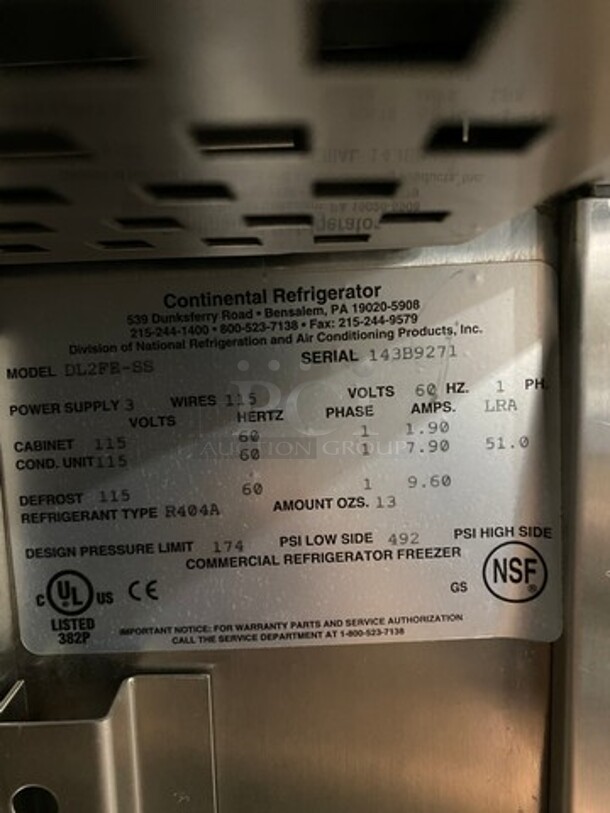 Continental Commercial 2 Door Reach In Freezer! Solid Stainless Steel! On Casters! Model: DL2FESS SN: 143B9271 115V 60HZ 1 Phase - Image 7 of 9