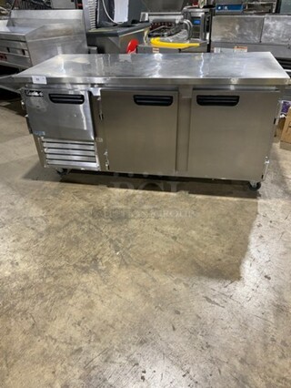 Leader Commercial 3 Door Under The Counter/ Work Top Cooler! With Poly Coated Racks! All Stainless Steel! On Casters! Model: LB72S/C SN: GA09M1922 115V 60HZ 1 Phase