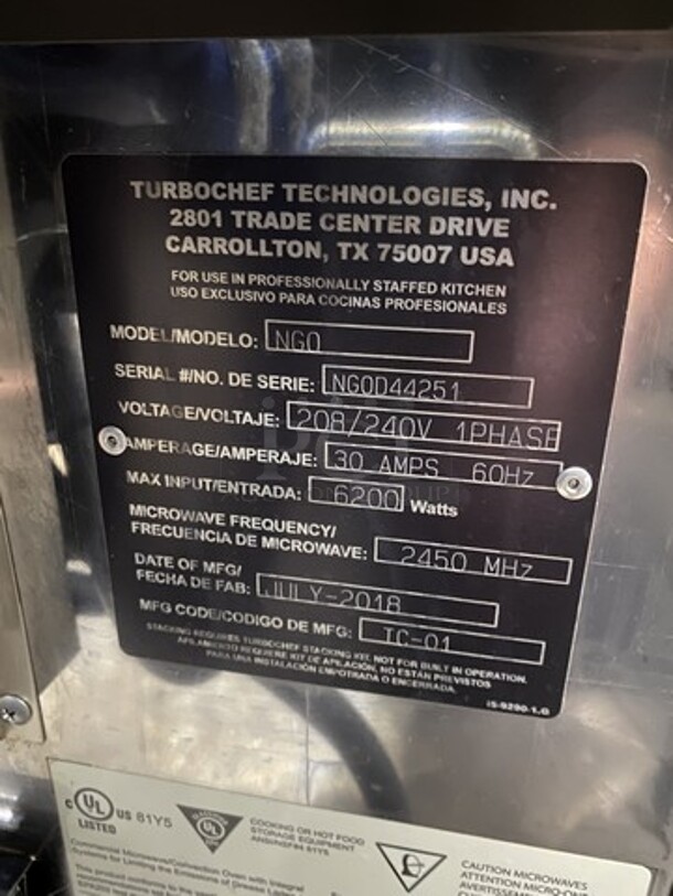 Amazing 2018 Turbo Chef Counter Top Rapid Cook Turbo Oven! Model NGO Serial NGOD44251! 208/240V 1 Phase! On Legs!   - Image 5 of 9