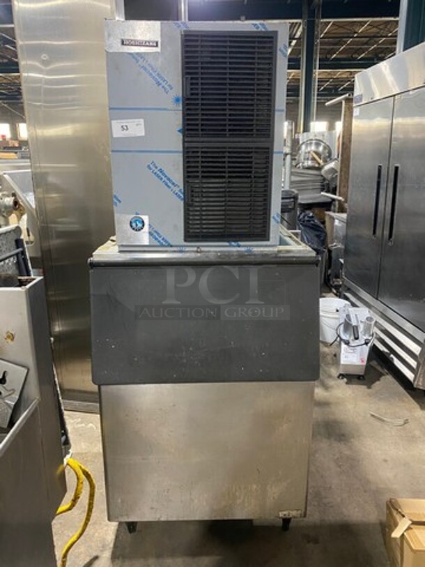 Hoshizaki Commercial Ice Maker Machine! With Commercial Ice Bin! All Stainless Steel! On Legs! WORKING WHEN WORKING! Model: KM520MAJ SN: L01066D 115V 60HZ 1 Phase