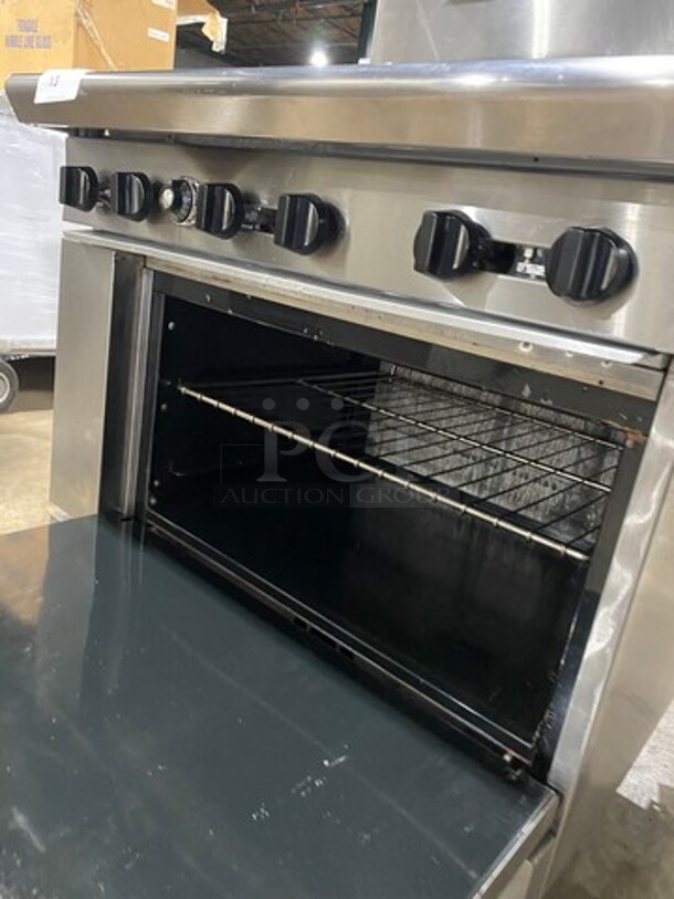 American Range Natural Gas Powered 6 Burner Stove! With Full Size Oven Underneath! With Raised Back Splash And Salamander Shelf! All Stainless Steel! On Casters! - Image 7 of 9