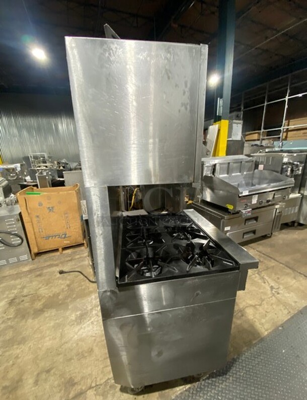 Sunfire Commercial Natural Gas Powered 6 Burner Stove! With Raised Backsplash & US Range Cheese Melter/Salamander Overhead! With Full Size Oven Underneath! All Stainless Steel! On Commercial Casters! - Image 3 of 10