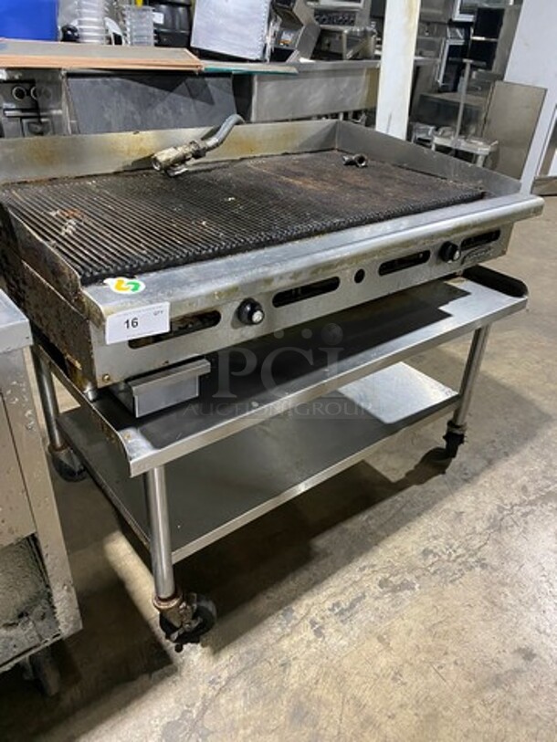 Imperial Commercial Natural Gas Powered Countertop Grill! With Grooved Grill! With Back And Side Splashes! On Legs! On Equipment Stand! With Storage Space Underneath! All Stainless Steel! On Casters! WORKING WHEN REMOVED! Model: IGG48