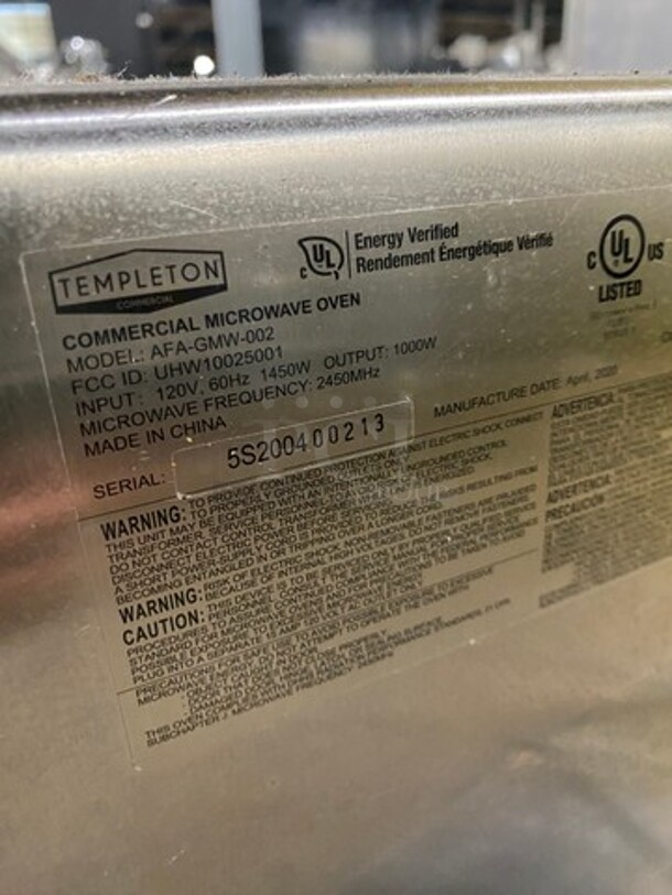 LATE MODEL! 2020 Templeton Commercial Countertop Microwave Oven! All Stainless Steel! Model: AFAGMW002 SN: 5S200400213 120V - Image 5 of 8