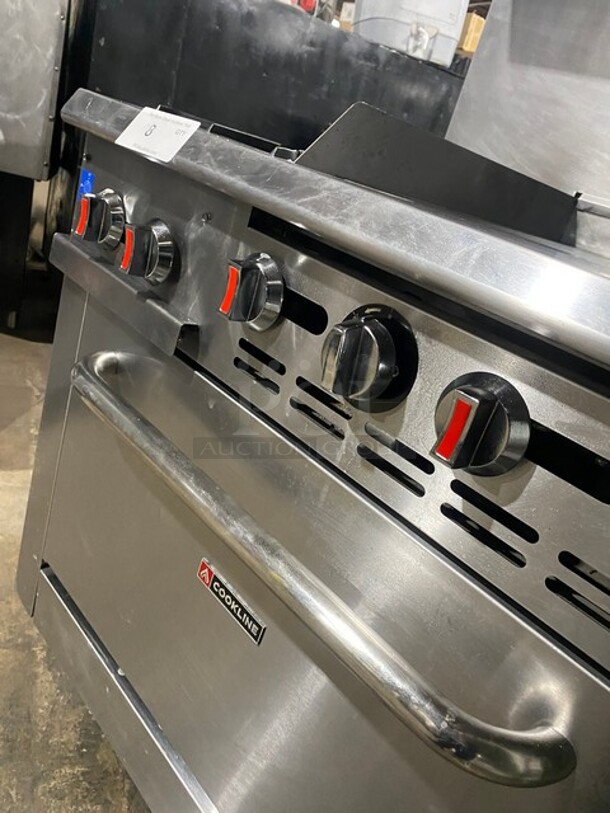 Late Model 2021! Cookline Stainless Steel Commercial Natural Gas Powered 2 Burner Range w/ Right Side Flat Top Griddle! With Oven And Back Splash! On Commercial Casters! MODEL CR3624G SN:2105018024 - Image 9 of 11
