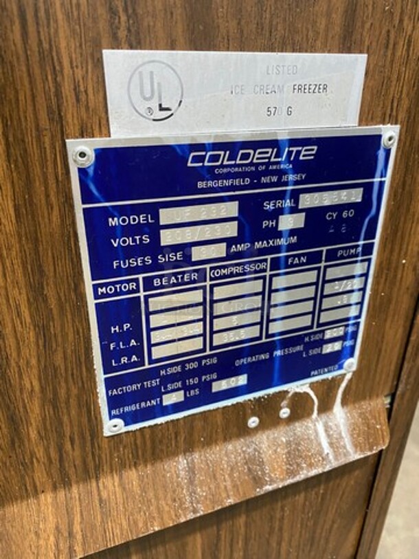 Coldelite Commercial 3 Handle Soft Serve Ice Cream Machine! All Stainless Steel! On Casters! Model: UF232 SN: 305541 208/230V 60HZ 3 Phase - Image 9 of 11