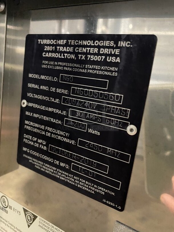 LATE MODEL! 2019 Turbo Chef Commercial Countertop Rapid Cook Oven! On Small Legs! Model: NGO SN: NGOD50560 208/240V 60HZ 1 Phase - Image 5 of 8
