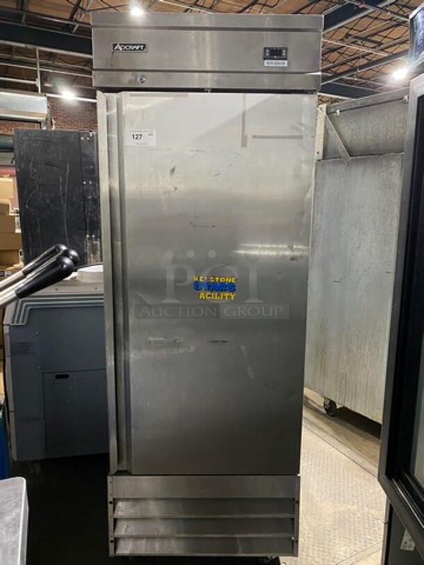 Adcraft Commercial Single Door Reach In Cooler! With Poly Coated Racks! All Stainless Steel! On Casters! Model: CFD1RR 115V 60HZ 1 Phase - Item #1058889