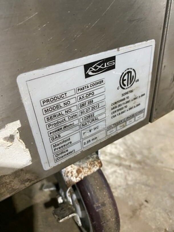 2012 Axis Commercial Natural Gas Powered 2 Bay Pasta Cooker! All Stainless Steel! On Casters! Model: AXDPG SN: GMF059 - Image 5 of 10