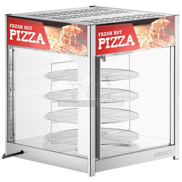 BRAND NEW SCRATCH & DENT! 	ServIt PDW18D2 18" Self-Service Pizza Warmer with 4-Shelf Rotating Rack	23 1/2x25 1/4x27 1/2 Inches		120 Volts, 12.5 Amps, 1 Phase. Glass Is Broken - Image 1 of 5