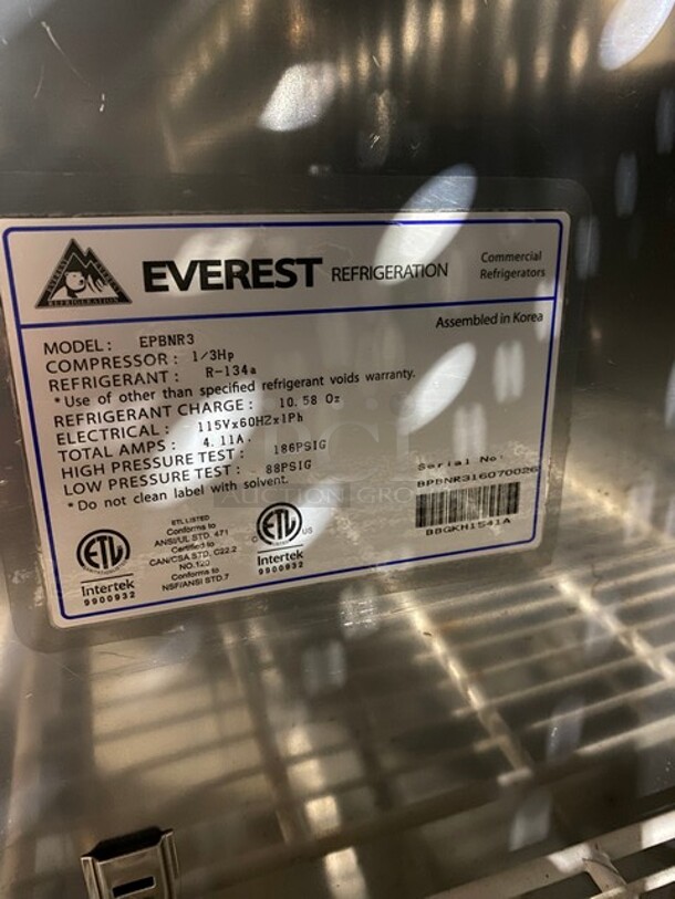 Everest Stainless Steel Sandwich/salad Prep Table! On Casters! MODEL EPBNR3 SN: BPBNR316070026 115V 1PH - Image 8 of 9
