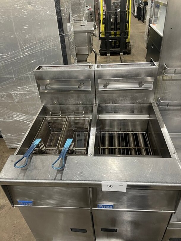WOW! Pitco 4 Bay Natural Gas Powered Commercial Deep Fat Fryer With Dump Station! With Oil Filter System! MODEL: SGH50 SN: G11BD005235 115V! Working When Removed!
 - Image 8 of 12