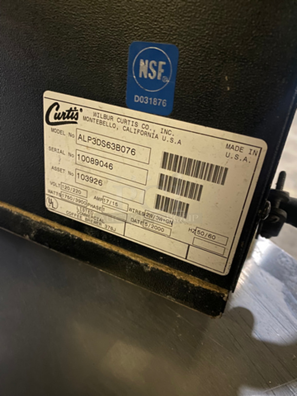Curtis Commercial Countertop Coffee Brewer Machine! With 3 Warmers! With Hot Water Dispenser! Alpha Series Model: ALP3DS63B076 SN: 10089046 120/220V 60HZ 1 Phase - Image 8 of 9