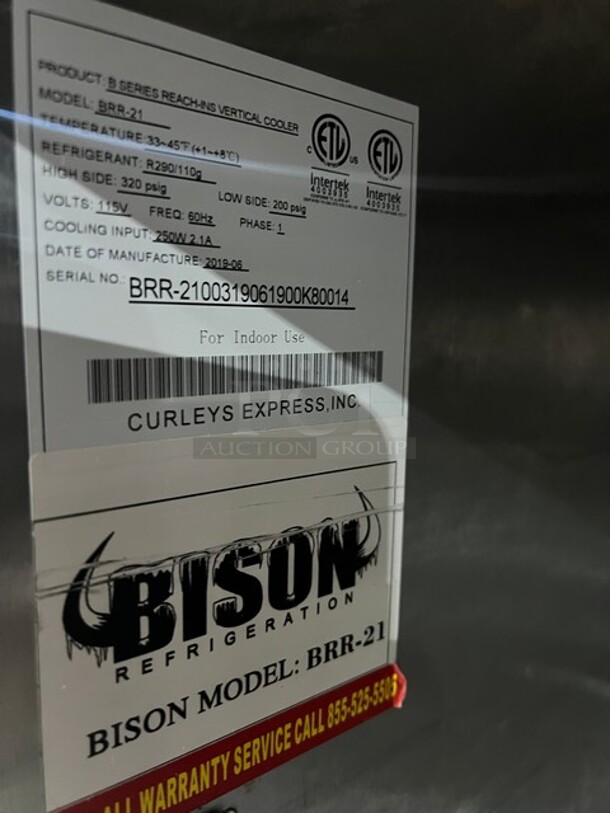2019 Bison Commercial Single Door Reach In Cooler! Poly Coated Racks! All Stainless Steel! With Casters! Working When Removed! MODEL BRR21 SN:BRR2100319061900K80014 115V 1PH - Image 5 of 8