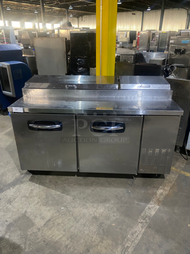 Commercial Refrigerated Pizza Prep Table! With 2 Door Underneath Storage Space! With Poly Coated Racks! All Stainless Steel! On Casters! Model: PT67 SN: 11100035 115V 60HZ 1 Phase