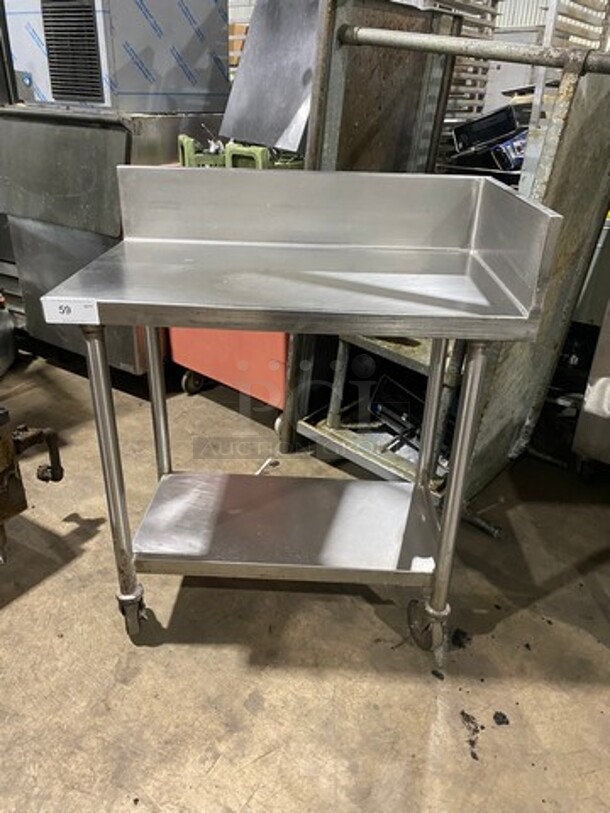 Solid Stainless Steel Side Dishwasher Table! With Back And Single Side Splash! With Storage Space Underneath! On Casters!