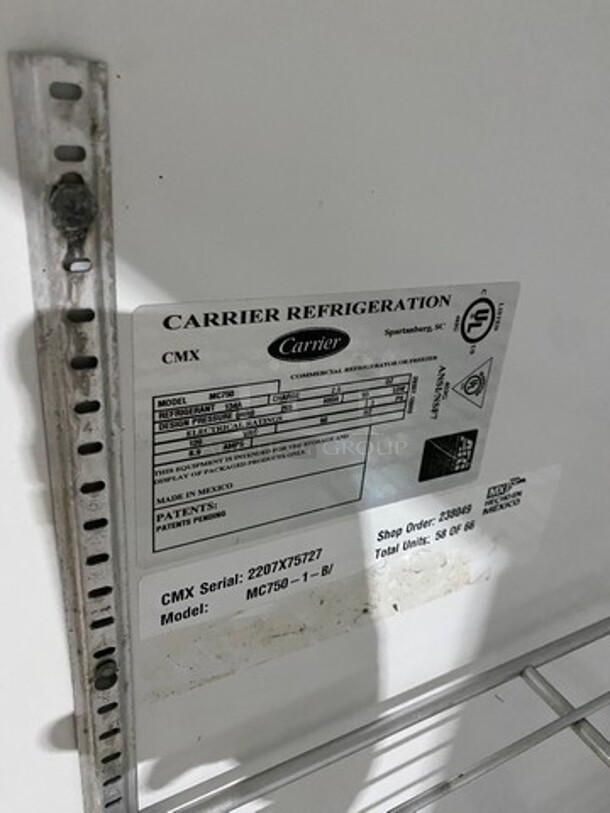 Carrier Commercial Single Door Reach In Refrigerator Merchandiser! With View Through Door! With Poly Coated Racks! Model: MC750 SN: 2207X75727 120V 60HZ 1 Phase - Image 6 of 7