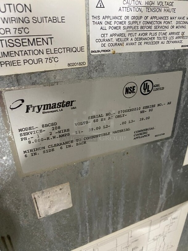 WOW! Frymaster Commercial Electric Powered Pasta Cooker! With Pasta Basket! All Stainless Steel! On Legs! WORKING WHEN REMOVED! Model: 8BCSD SN: 0706KN0010! 208V 1 Phase!
 - Image 8 of 10
