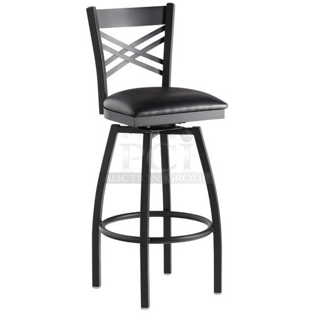 BRAND NEW SCRATCH & DENT! Lancaster Table & Seating 164BCROSBSFR Black Finish Cross Back Swivel Bar Stool. 2x Your Bid. Seats Not Included.  - Image 1 of 3