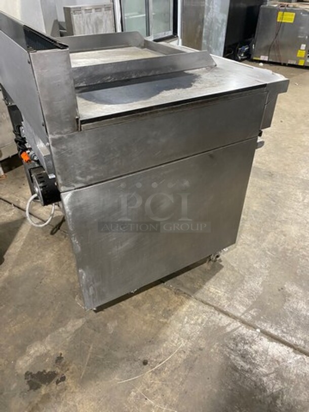 Garland Commercial Natural Gas Powered Flat Griddle With Left Side Hot Plate! Griddle Has Side Splashes! With Back Splash! With Convection Oven Underneath! All Stainless Steel! On Legs! - Image 4 of 11