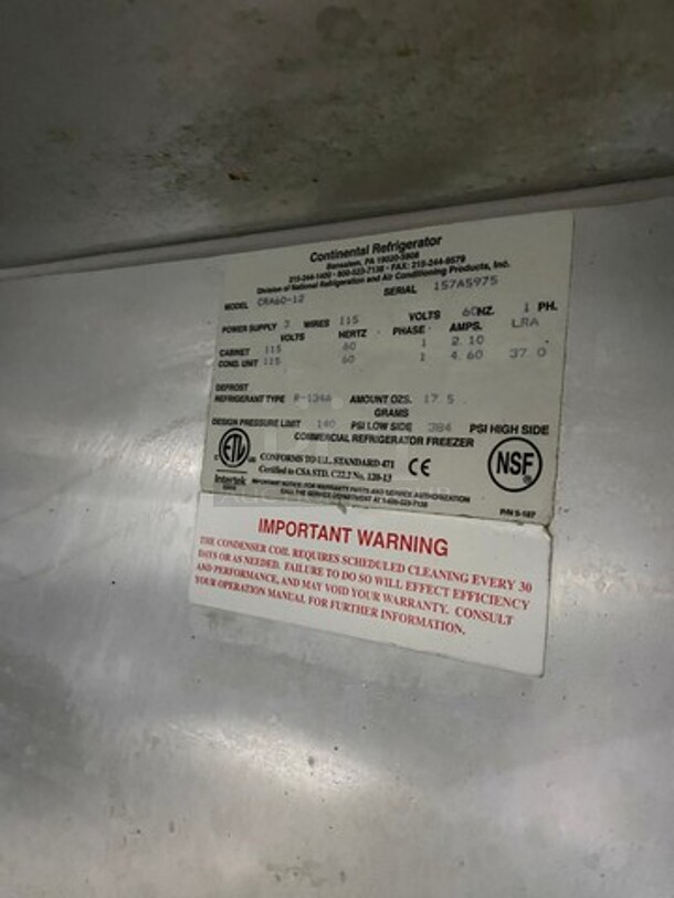 Nice! Continental Refrigerated Bain Marie/Sandwich Prep Table! With 3 Door Undder Storage! With Double Overhead Shelves! Model CRA60-12 Serial 157A5975! 115V 1 Phase! On Casters!  - Image 8 of 10