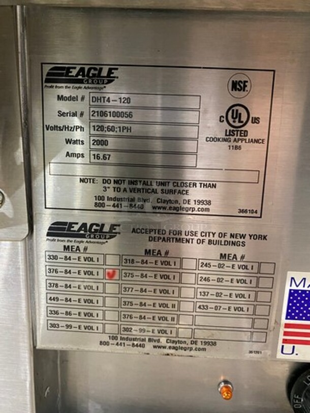 NICE! Eagle Commercial Electric Powered 4 Well Steam Table! With Storage Space Underneath! All Stainless Steel! On Legs! WORKING WHEN REMOVED! Model: DHT4120 SN: 2106100056 120V 60HZ 1 Phase - Image 9 of 10