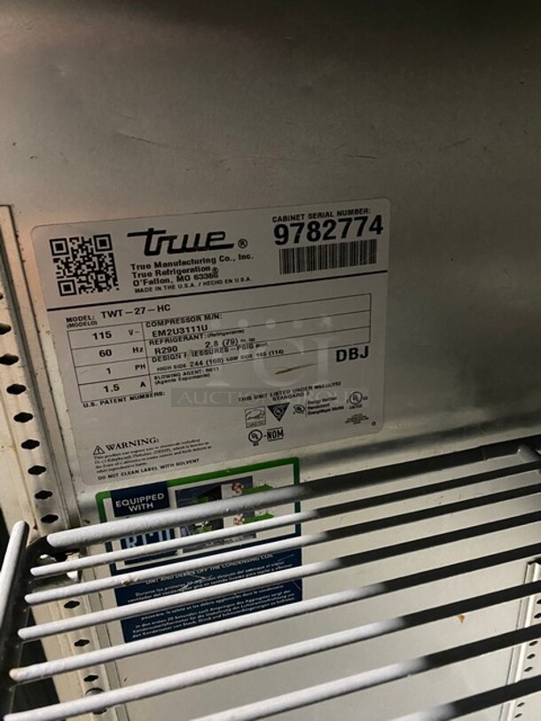TRUE Single Door Undercounter Cooler! On Casters! TWT-27F SN:9782774 115V 1PH  - Image 7 of 10