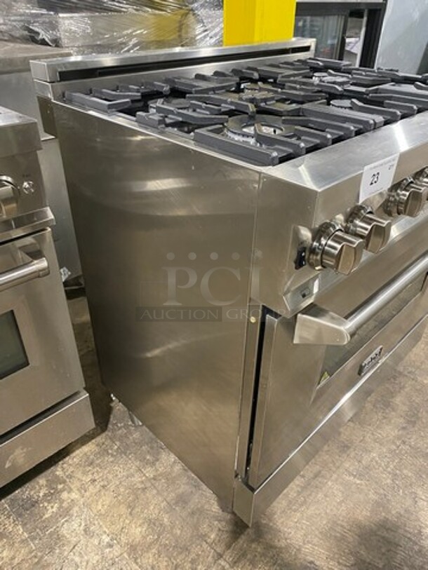 GORGEOUS! 2018 ZLINE Gas Powered 6 Burner Stove! With Oven Underneath! Stainless Steel! MODEL RG36 Serial 18121990008  - Image 2 of 10
