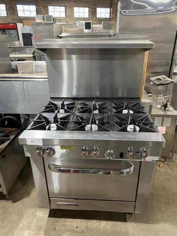 WOW! Late Model! Southbend Commercial Natural Gas Powered 6 Burner Stove! With Raised Back Splash And Salamander Shelf! With Oven Underneath! All Stainless Steel! On Legs! Model: S36D SN: 14L05400! Working When Removed!