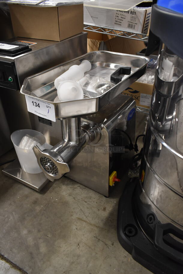BRAND NEW! Vollrath 40744 Stainless Steel Commercial Countertop Meat Grinder w/ Tray and Pusher. 110 Volts, 1 Phase. Tested and Working! - Image 1 of 6