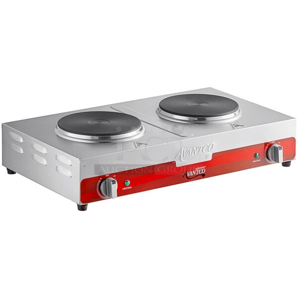 BRAND NEW SCRATCH AND DENT! Avantco 177EB202SBSA Double Burner Solid Top Stainless Steel Portable Electric Side-by-Side Hot Plate. 120 Volts, 1 Phase. - Item #1113852