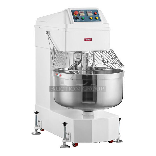 BRAND NEW SCRATCH AND DENT! Estella 348SM130 Metal Commercial Floor Style 130 Qt. / 195 lb. Two-Speed Spiral Dough Mixer w/ Stainless Steel Mixing Bowl, Bowl Guard and Dough Hook Attachment. 220 Volts, 3 Phase. Tested and Working! - Image 1 of 9