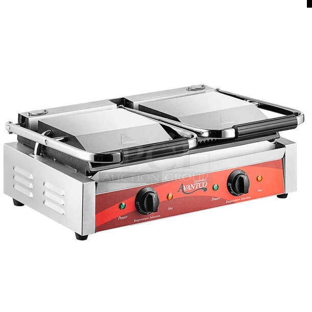 BRAND NEW SCRATCH AND DENT! Avantco 177P88SG Stainless Steel Commercial Countertop Double Panini Press. 120 Volts, 1 Phase. Tested and Working!
