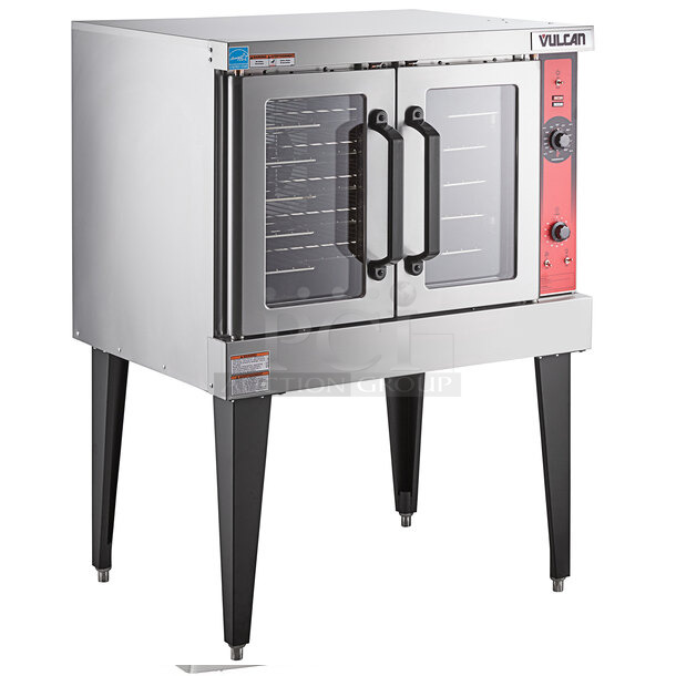BRAND NEW SCRATCH AND DENT! Vulcan VC6GD-21D150K Stainless Steel Commercial Propane Gas Powered Full Size Convection Oven w/ View Through Doors, Metal Oven Racks and Thermostatic Controls. Does Not Come w/ Legs.