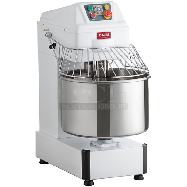 BRAND NEW SCRATCH AND DENT! Estella 348SM40 Metal Commercial Floor Style 40 Quart Spiral Dough Mixer w/ Stainless Steel Mixing Bowl, Bowl Guard and Dough Hook. 240 Volts, 1 Phase.