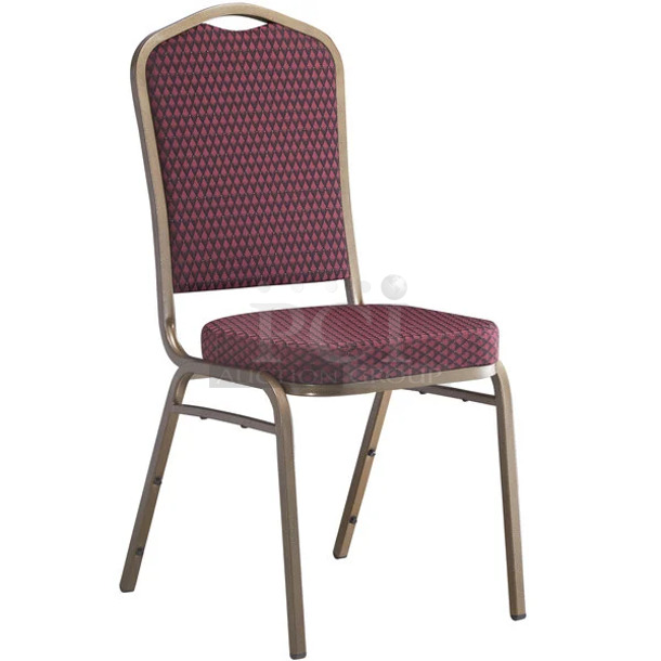 116 BRAND NEW SCRATCH AND DENT! Lancaster Table & Seating 164BNQCRBRG Burgundy Pattern Fabric Crown Back Stackable Banquet Chair with Gold Vein Frame. 116 Times Your Bid!
