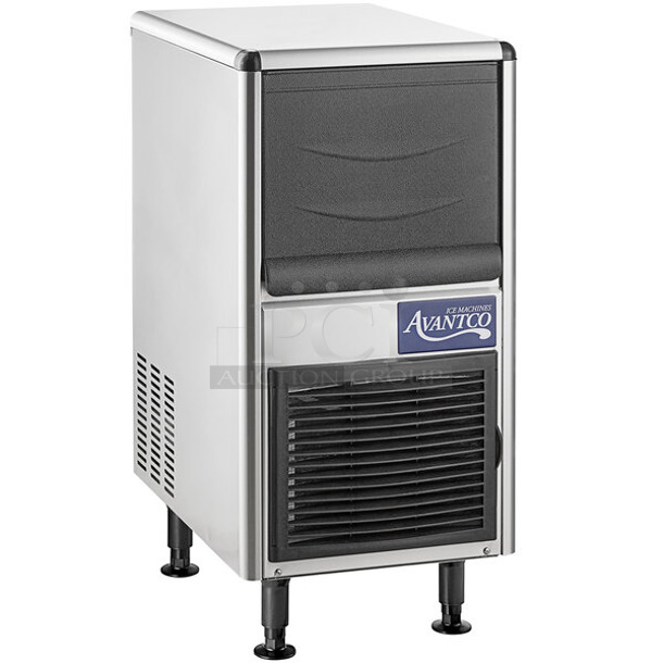 BRAND NEW IN BOX! Avantco 194UCB77A Stainless Steel Commercial Self Contained Undercounter Bullet Ice Machine - 96 lb. 115 Volts, 1 Phase. 