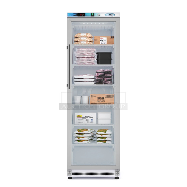 BRAND NEW SCRATCH AND DENT! KoolMore KM-FMD12WGD Metal Commercial Single Door Reach In Freezer Merchandiser w/ Poly Coated Racks. 115 Volts, 1 Phase. Tested and Working!