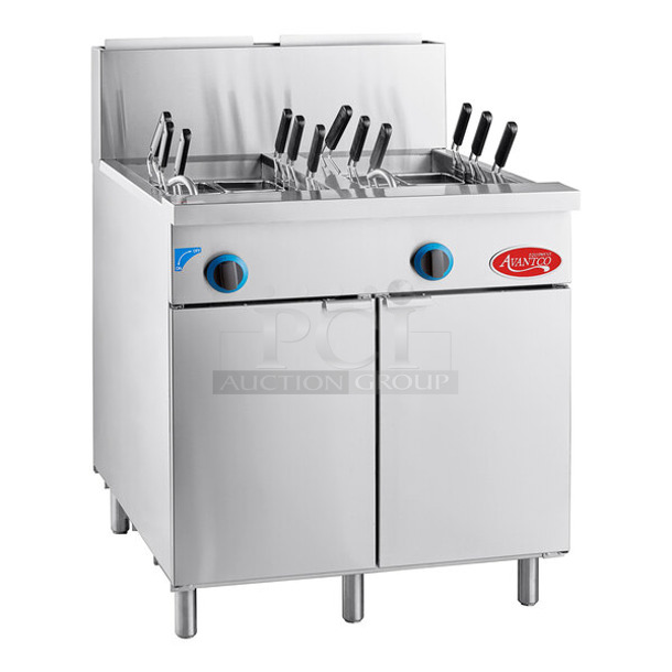 BRAND NEW SCRATCH AND DENT! 2023 Avantco 177FPC22NL Stainless Steel Commercial Floor Style 22 Gallon Natural Gas Two Section Pasta Cooker. 140,000 BTU