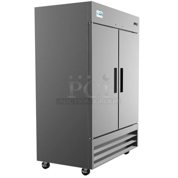 BRAND NEW SCRATCH AND DENT! 2023 KoolMore RIR-2D-SS Stainless Steel Commercial 2 Door Reach In Cooler w/ Poly Coated Racks. 115 Volts, 1 Phase. Tested and Working!