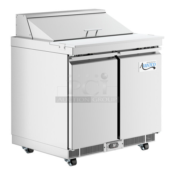 BRAND NEW SCRATCH AND DENT! 2023 Avantco 178ZPT36HC Stainless Steel Commercial Sandwich Salad Prep Table Bain Marie Mega Top on Commercial Casters. 115 Volts, 1 Phase. Tested and Working!