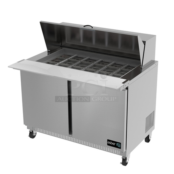 BRAND NEW SCRATCH AND DENT! 2022 Asber APTM-48 18 HC Stainless Steel Commercial Sandwich Salad Prep Table Bain Marie Mega Top on Commercial Casters. 115 Volts, 1 Phase. Tested and Working!