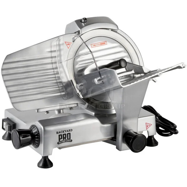 BRAND NEW SCRATCH AND DENT! Backyard Pro 554SL109E Metal Commercial Butcher Series 9" Manual Gravity Feed Meat Slicer. 120 Volts, 1 Phase. Tested and Working! - Image 1 of 3