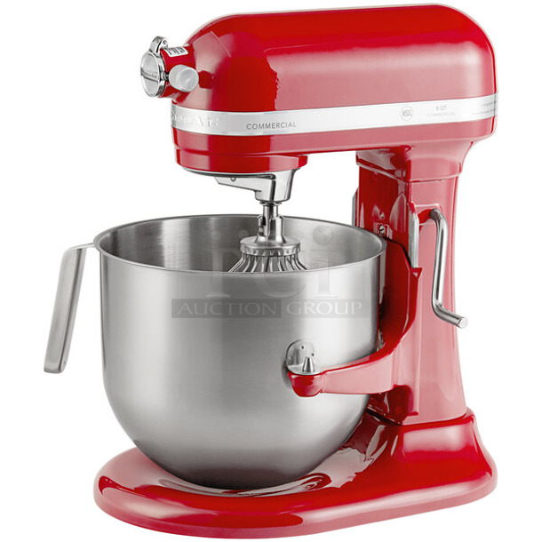 BRAND NEW SCRATCH AND DENT! KitchenAid KSM8990ER Metal Countertop Red 8 Quart Planetary Dough Mixer w/ Stainless Steel Mixing Bowl, Dough Hook, Paddle and Whisk Attachments. 120 Volts, 1 Phase. Tested and Working!