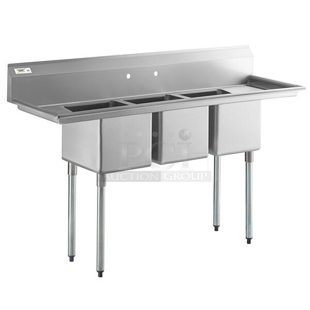 BRAND NEW SCRATCH AND DENT! Regency 600S31416212 Stainless Steel Commercial 3 Bay Sink w/ Dual Drain Boards. Bays 14x14. Drain Board 10x18. No Legs. 