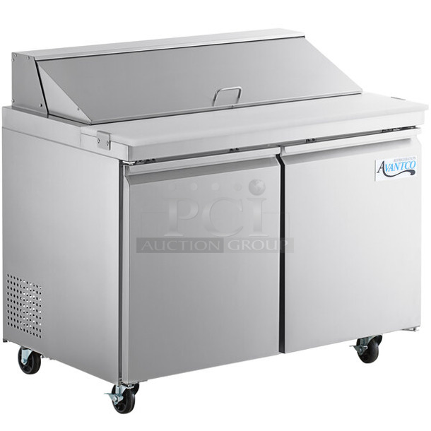 BRAND NEW SCRATCH AND DENT! 2022 Avantco 178SSPT48HC Stainless Steel Commercial 46 3/4" 2 Door Refrigerated Sandwich Prep Table Bain Marie Mega Top on Commercial Casters. 115 Volts, 1 Phase. Tested and Working! - Image 1 of 9