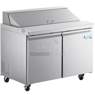BRAND NEW SCRATCH AND DENT! 2022 Avantco 178SSPT48HC Stainless Steel Commercial 46 3/4" 2 Door Refrigerated Sandwich Prep Table Bain Marie Mega Top on Commercial Casters. 115 Volts, 1 Phase. Tested and Working!