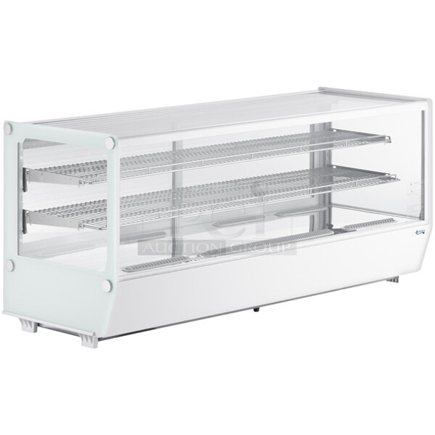 BRAND NEW SCRATCH AND DENT! Avantco 360BCS60HCW 60" White Refrigerated Square Countertop Bakery Display Case with LED Lighting. See Pictures for Side Glass Pane Damage. 115 Volts, 1 Phase. Tested and Powers On But Does Not Get Cold - Image 1 of 7